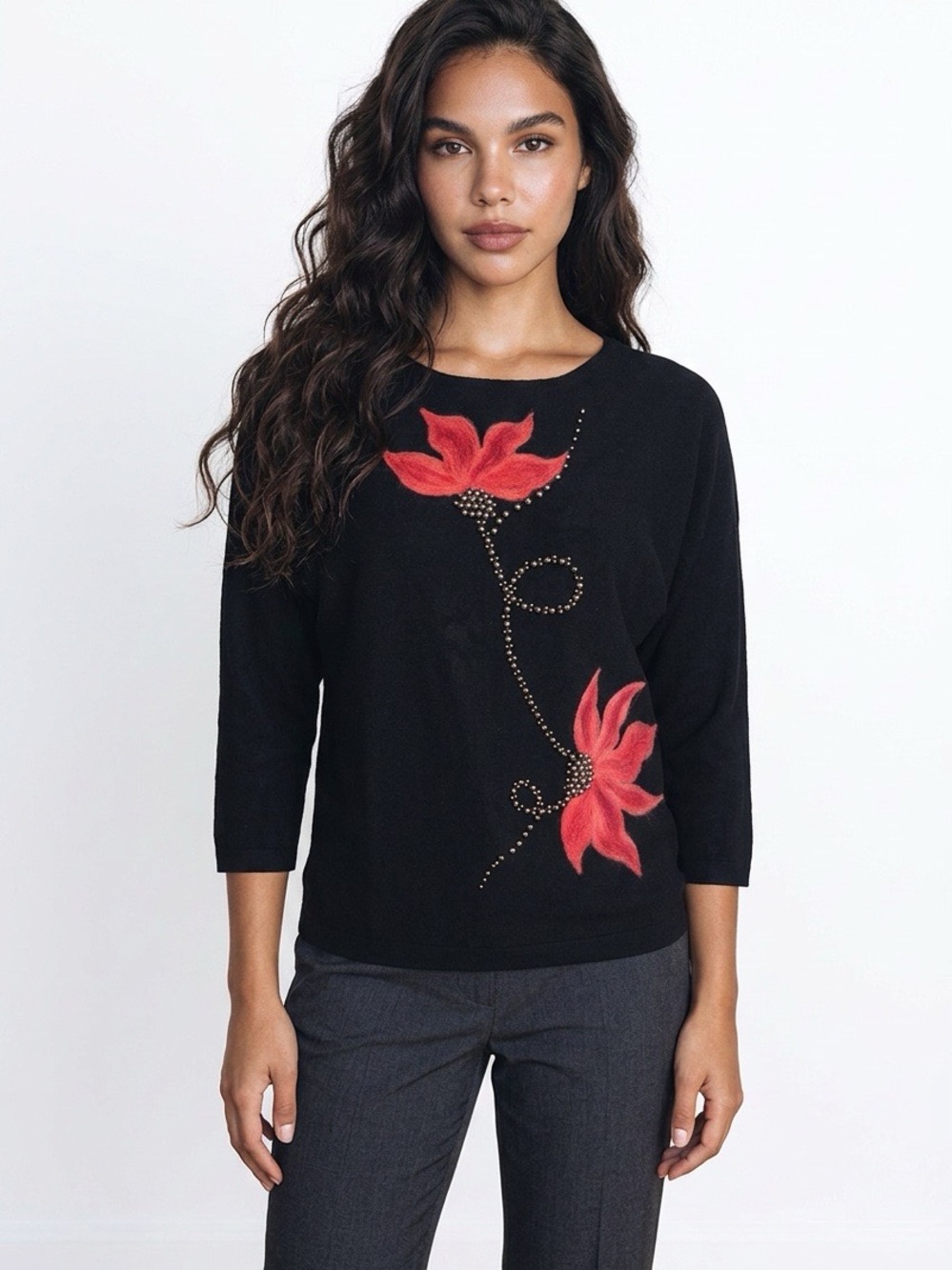 La Vila Milano Knit Sweater with Red Felted Flowers and Beaded Detail NWT Small
